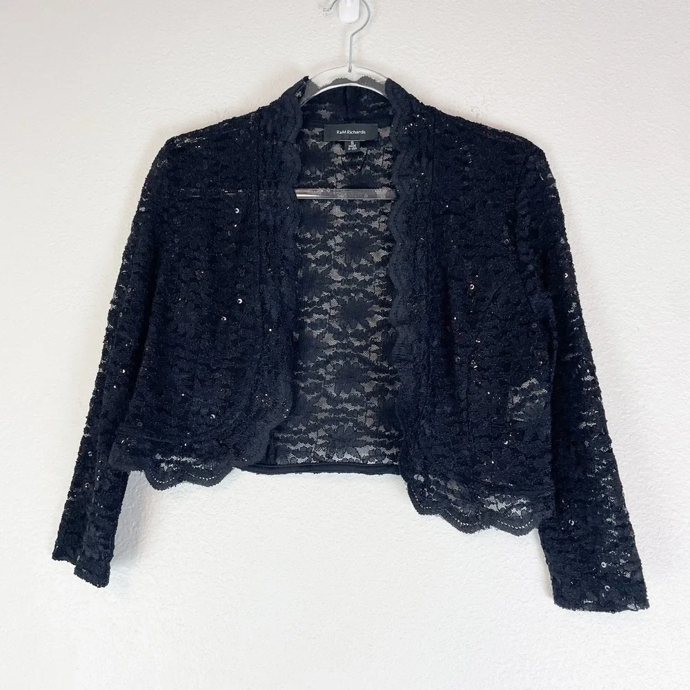 R &M Richards Floral Lace Cardigan Small Crop‎ Open Front Sequins Evening Event